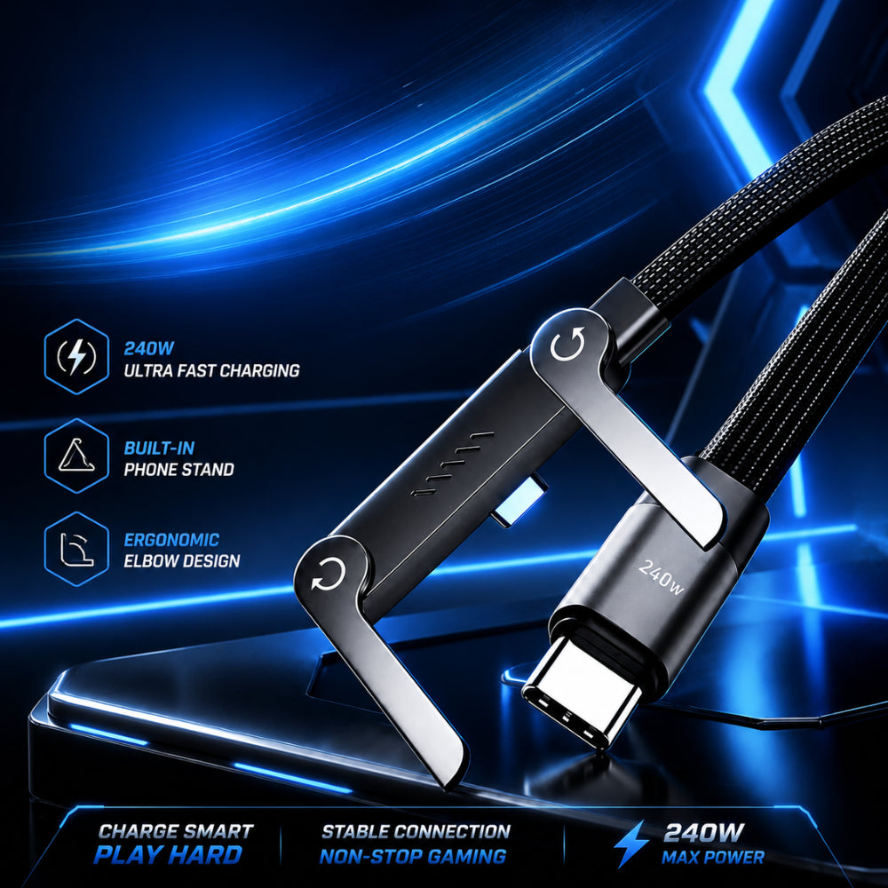 2 in 1 USB C Fast Charging Cable with Foldable Phone Stand | 240W Type C to Type C Gaming & Data Transfer Cable